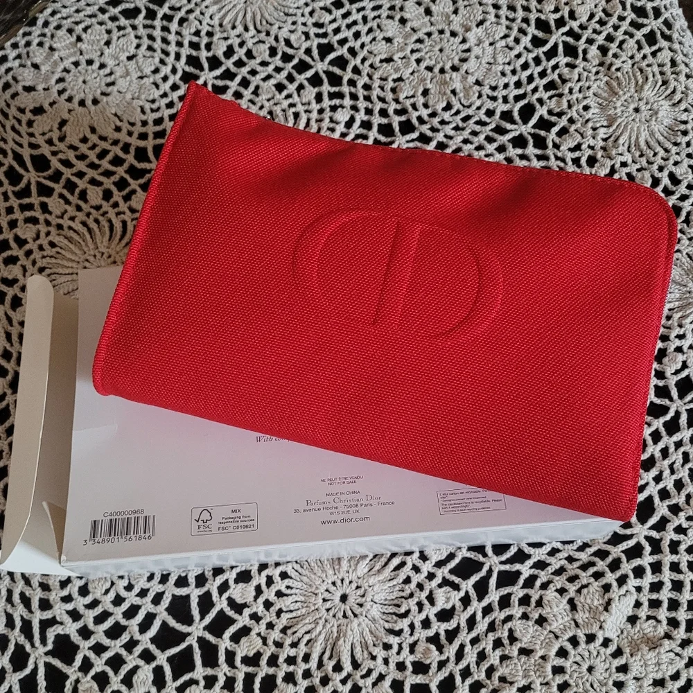 Dior‎ Red Canva Pouch Silver Logo Zip NIB